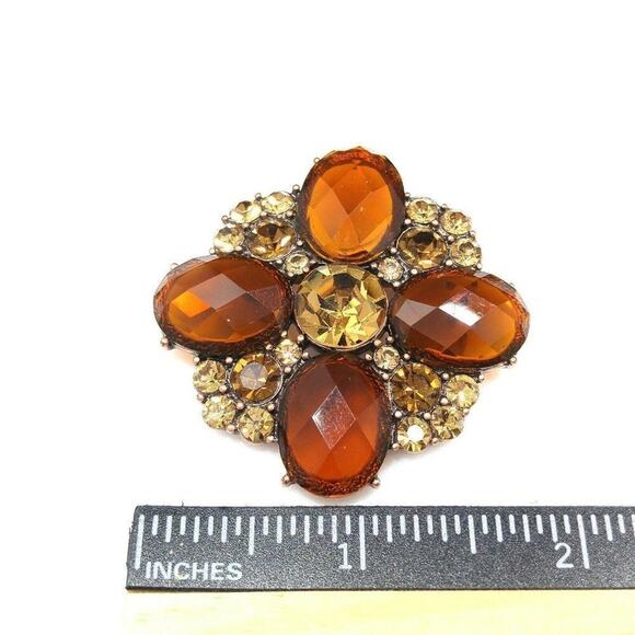 Vintage Flower Rhinestone Brooch, Topaz Faceted Glass Stones, 1990s, 1 7/8 Inch - Picture 5 of 8